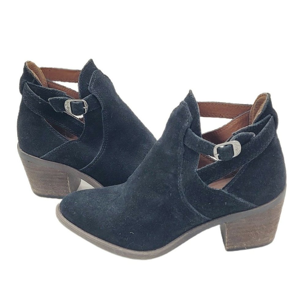 Lucky Brand Nandita Black Suede Buckle Strap Ankle Bootie Size 5.5M